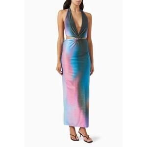 NWT BAOBAB Purple Blue V-Neck Ties Neck Side Cutouts Open Back Odette Dress L